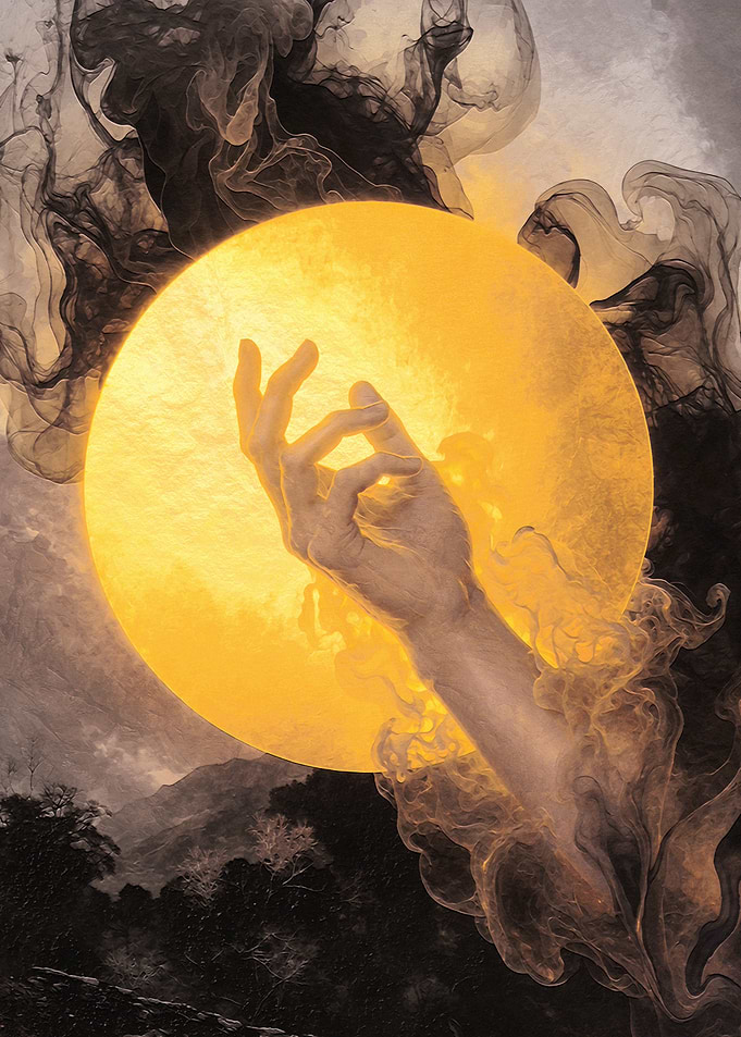 Touch of the Sun – Surreal Celestial Hand Digital Painting | Mystical Fantasy Wall Art