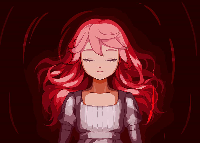 Rubinite Anime Girl with Flowing Red Hair