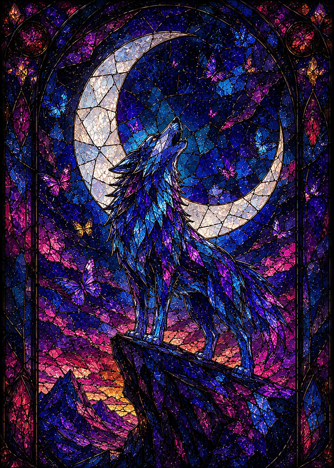 Stained Glass Wolf Howling at Moon