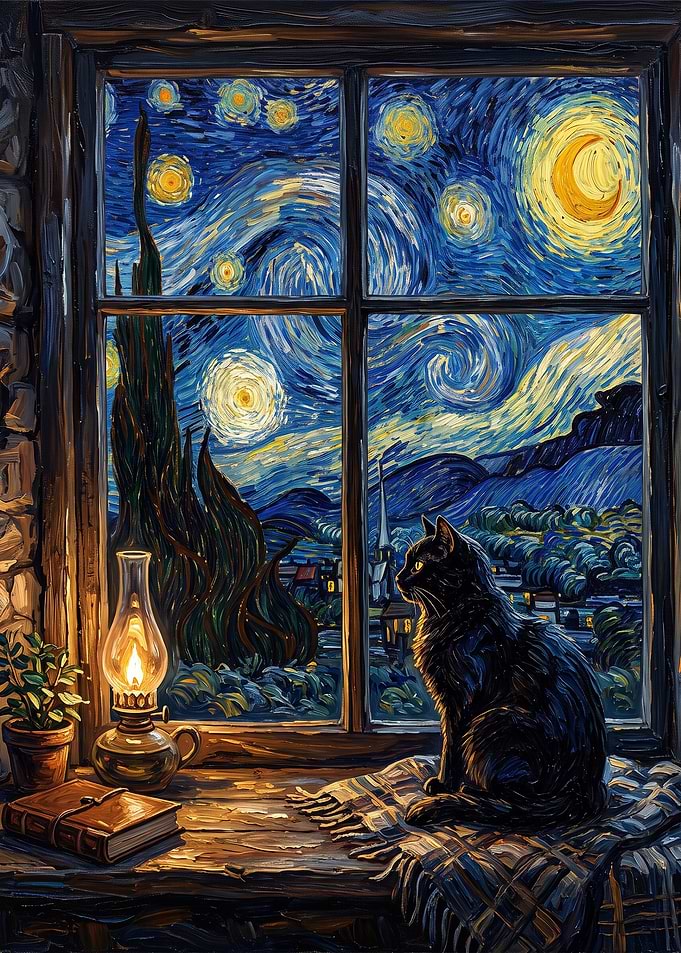 Black Cat Watching Starry Night
