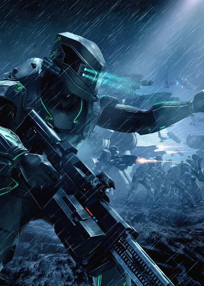 Futuristic Soldiers in Rainy Battle
