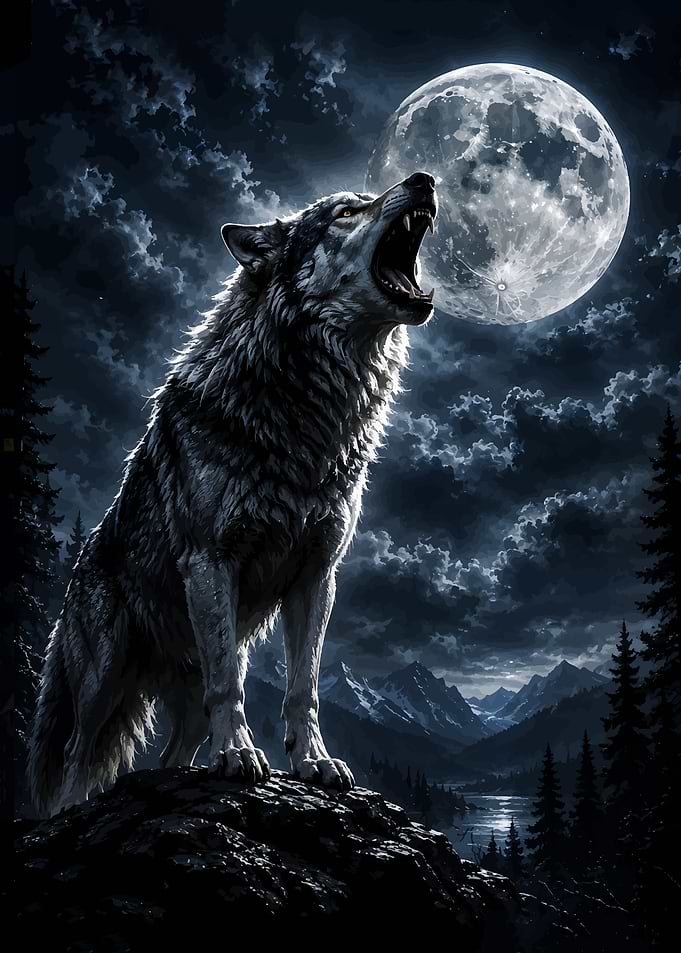 Wolf Howling at Full Moon