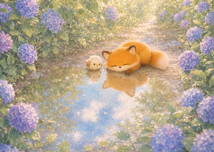 Cute Fox and Chick by Hydrangeas