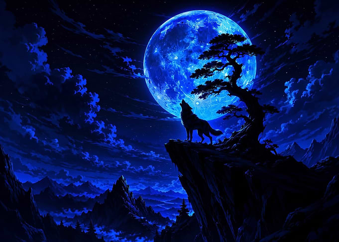 Wolf Howling at Blue Moon