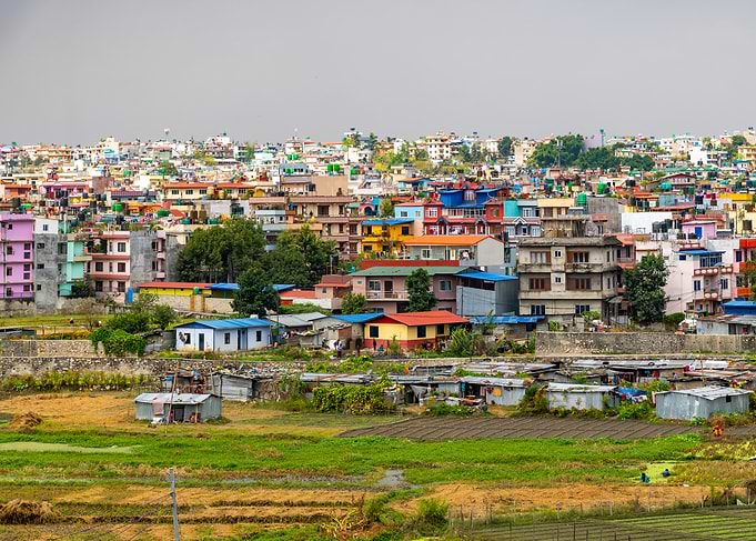 Colorful Urban Landscape with Rural Fields
