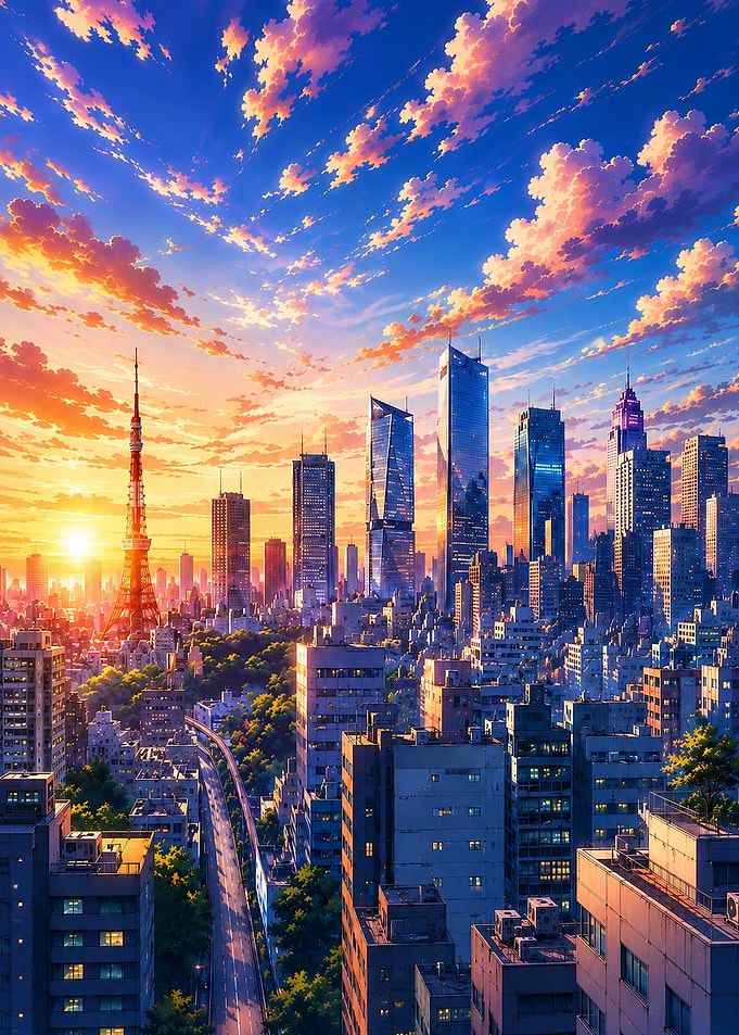anime Tokyo Cityscape at Sunset