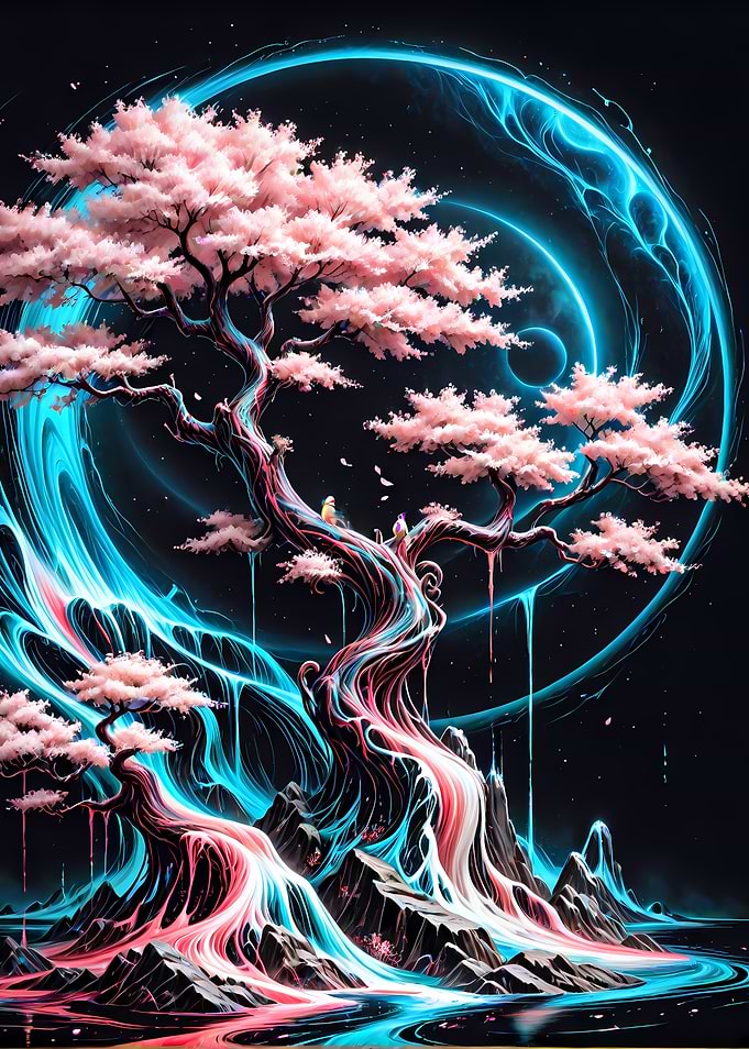 Neon Cherry Blossom Tree Fantasy