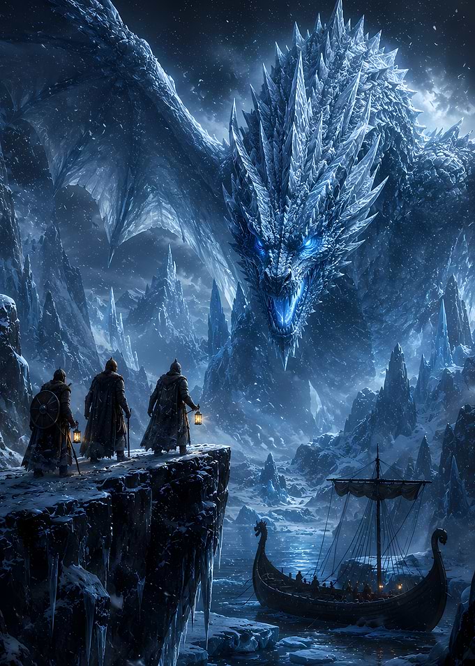 Viking Warriors Facing Ice Dragon
