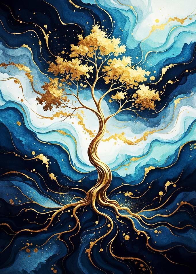 Golden Tree on Abstract Blue Waves