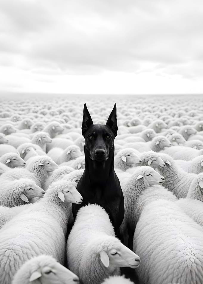 Black Doberman Among White Sheep