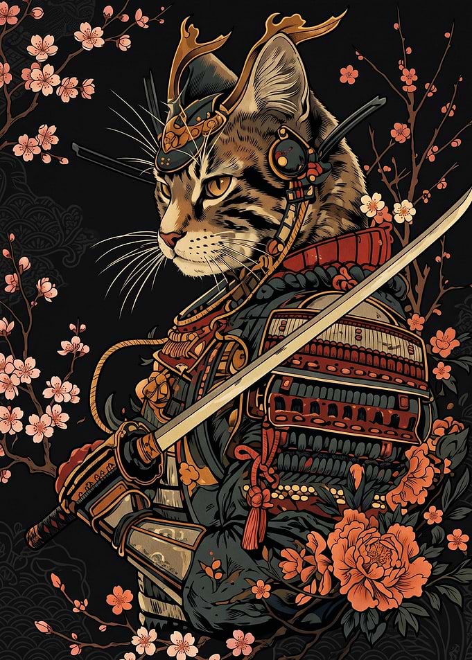 Samurai Cat with Katana and Blossoms