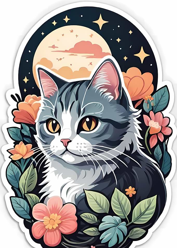 Cute Cat with Flowers Sticker