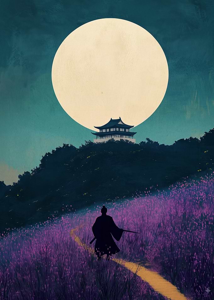 Samurai Walking Toward Temple Under Moon