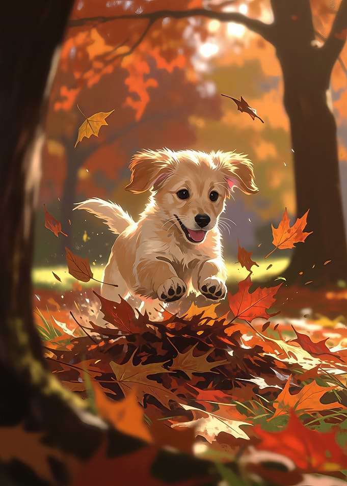Puppy Playing in Autumn Leaves