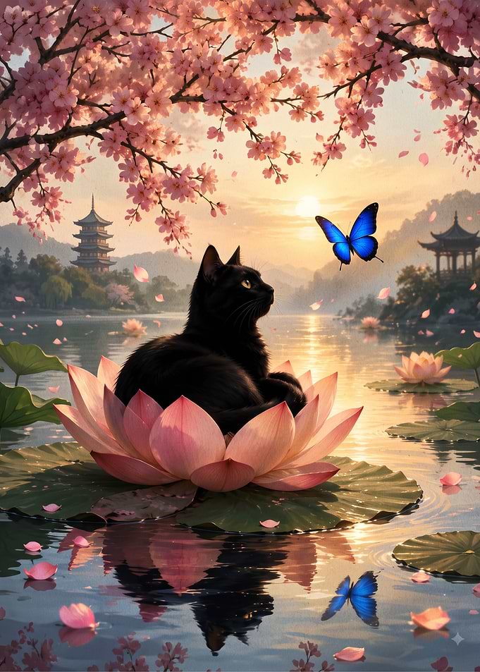 Black Cat on Lotus Flower