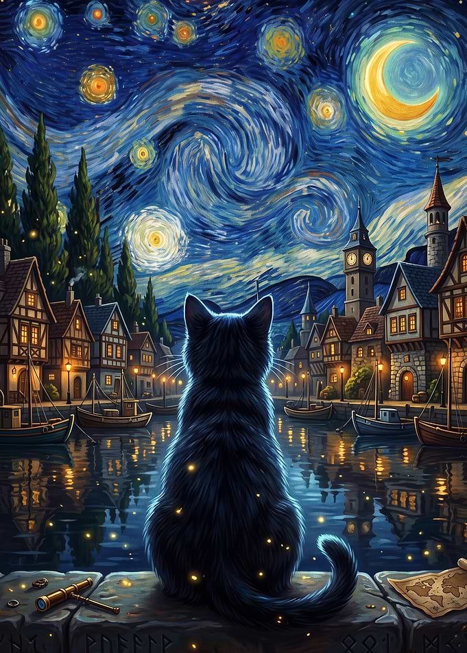 Black Cat Watching Starry Night Harbor