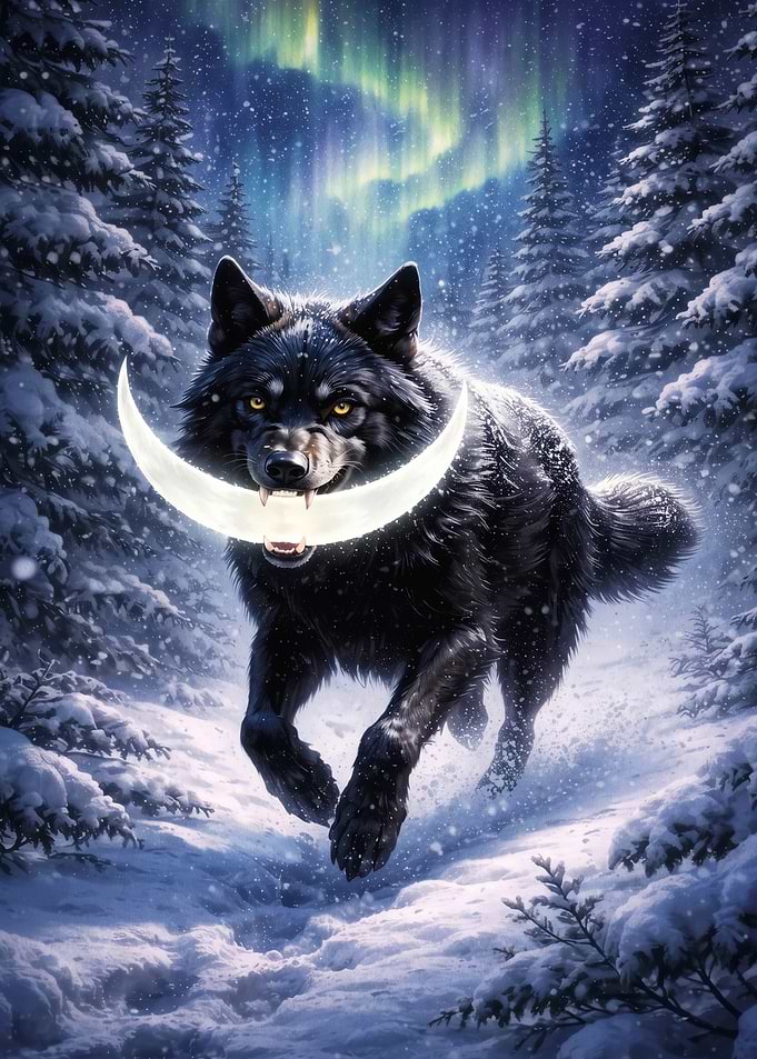 Black Wolf Carrying the Moon