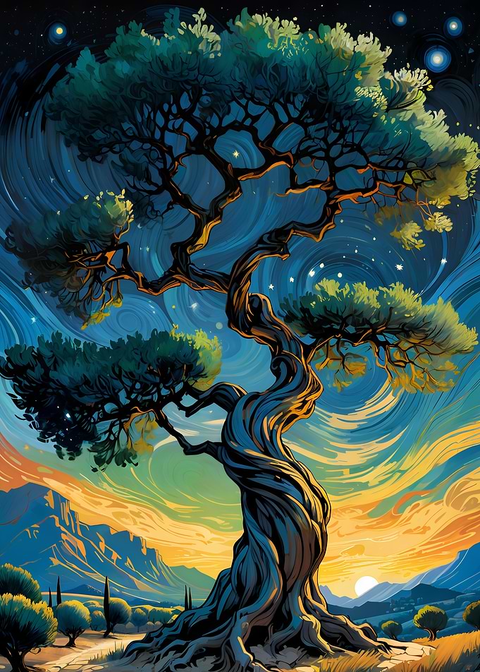 Twisted Ancient Tree Under Starry Sky