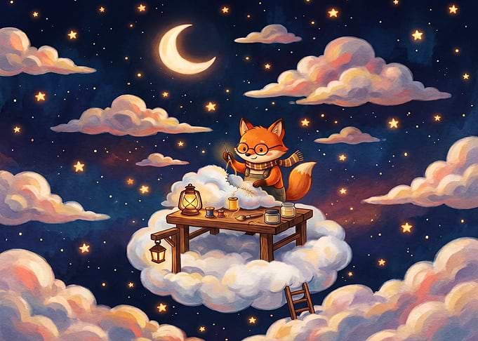 Cute Fox Sewing on a Cloud