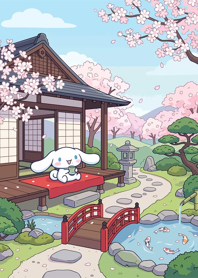 Cinnamoroll Enjoying Tea in Japanese Garden
