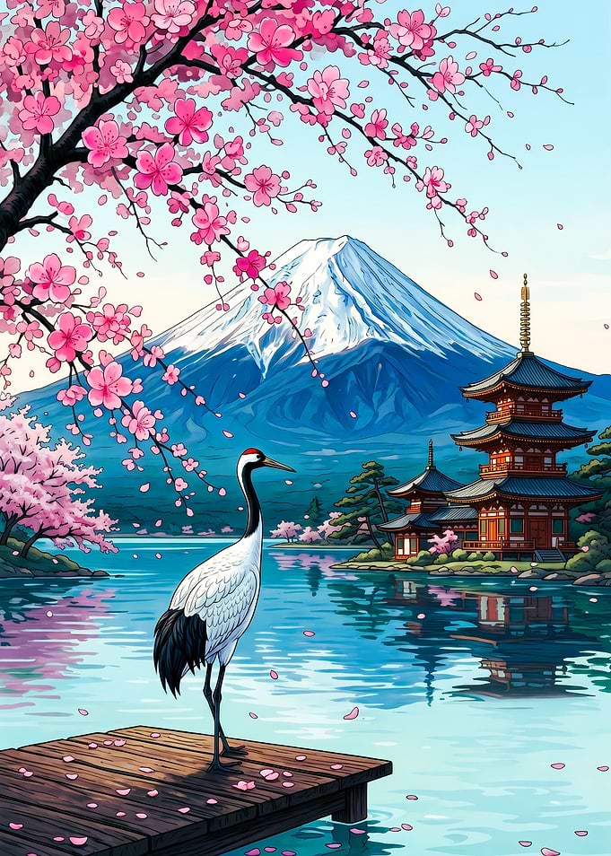 Red-Crowned Crane at Mount Fuji
