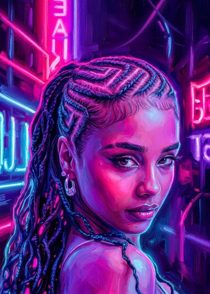 Neon girl Portrait with Braided Hair