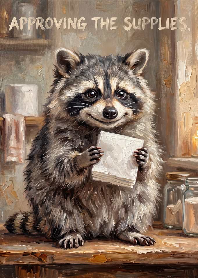 Raccoon Approving the Supplies