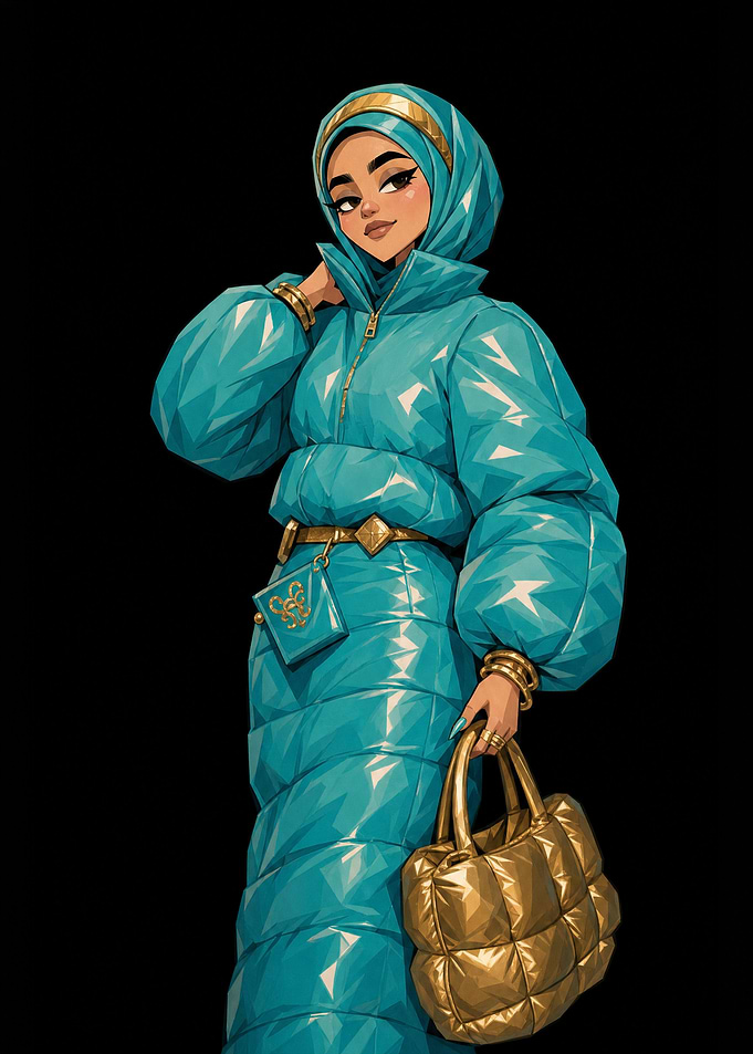 Stylish Woman in Turquoise Puffer Outfit