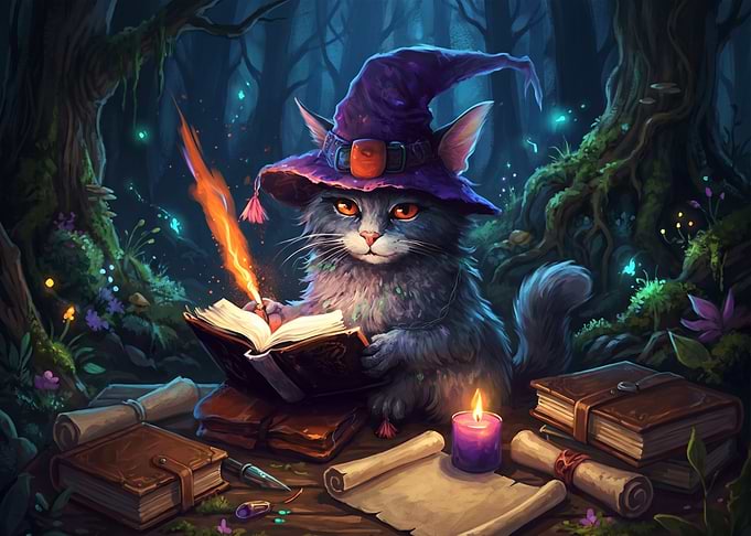 Magical Wizard Cat Reading Spellbook