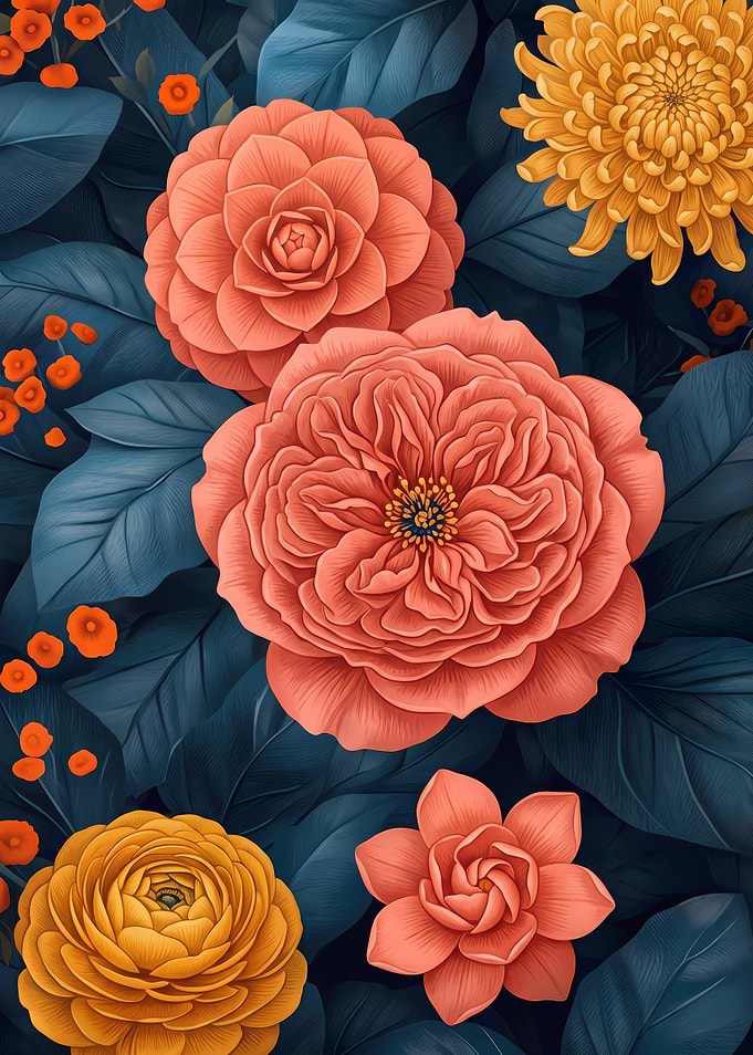 Vibrant Coral and Gold Floral Pattern