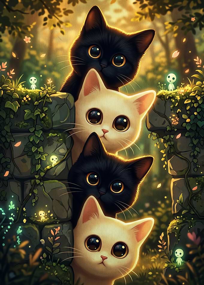 Stack of Cute Kittens in Forest