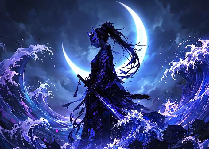Samurai with Kitsune Mask and Waves