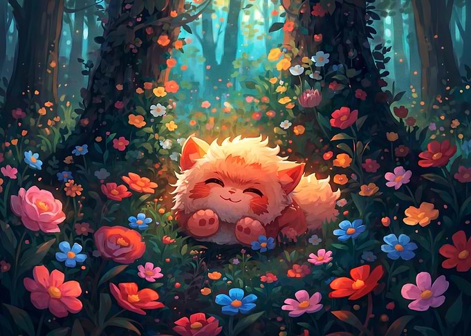 Cute Fluffy Creature in Flower Meadow