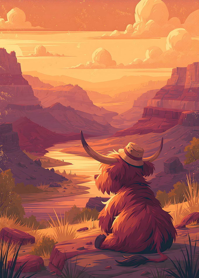 Highland Cow Watching Canyon Sunset