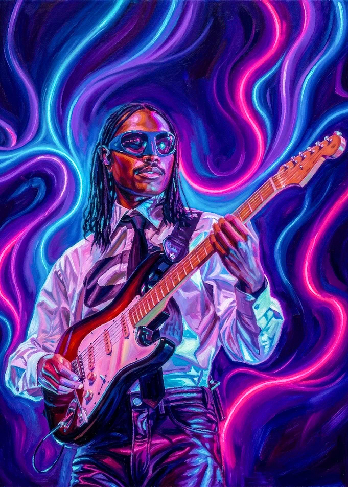 Neon Electric Guitarist Portrait