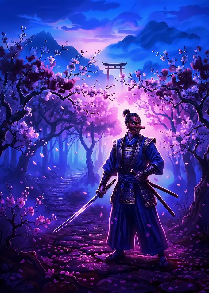 Tengu Samurai in Cherry Blossom Forest