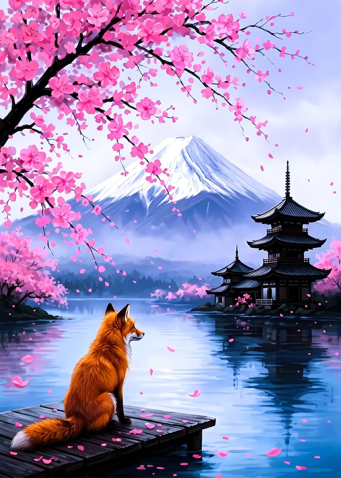Fox Watching Mount Fuji and Pagoda