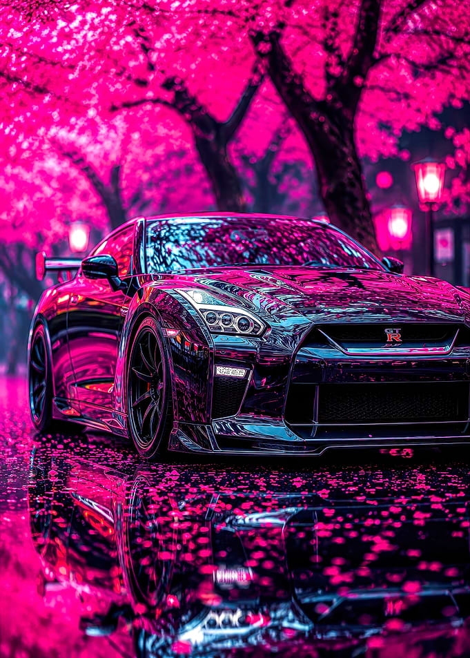Nissan GT-R Under Pink Cherry Blossoms