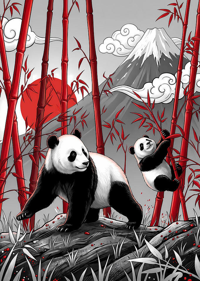 Pandas in Red Bamboo Forest