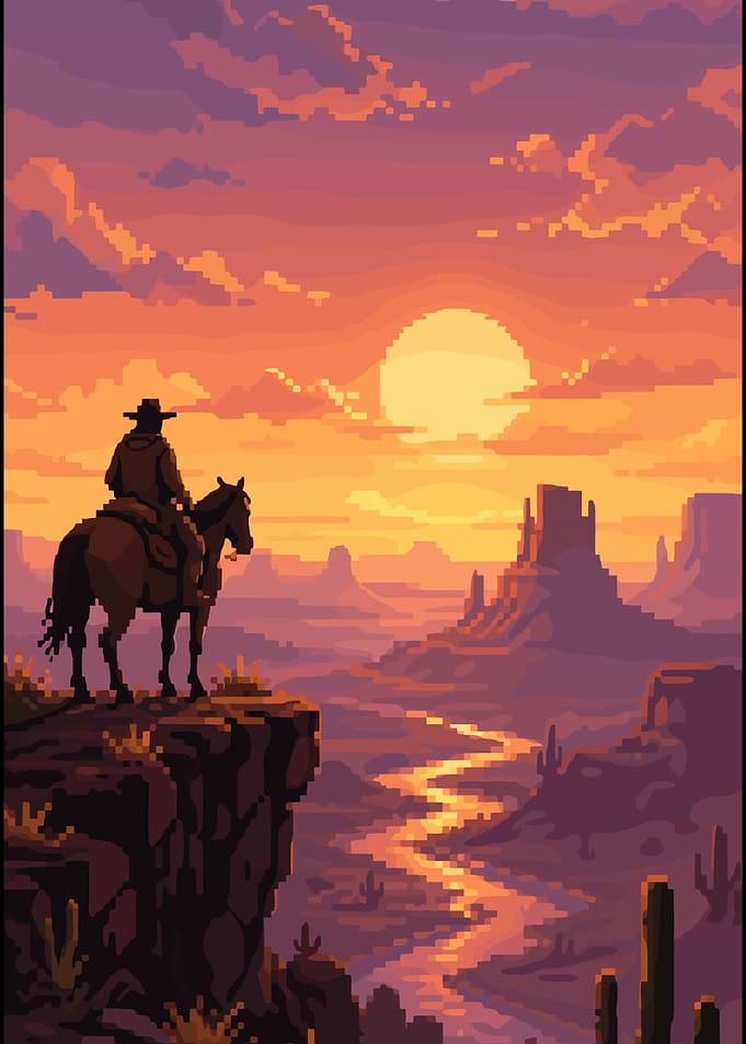 Pixel Art Cowboy at Sunset