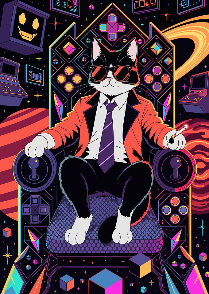 Cool Retro Gaming Cat on Throne