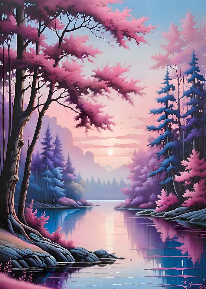 Pink and Blue Sunset Forest Landscape