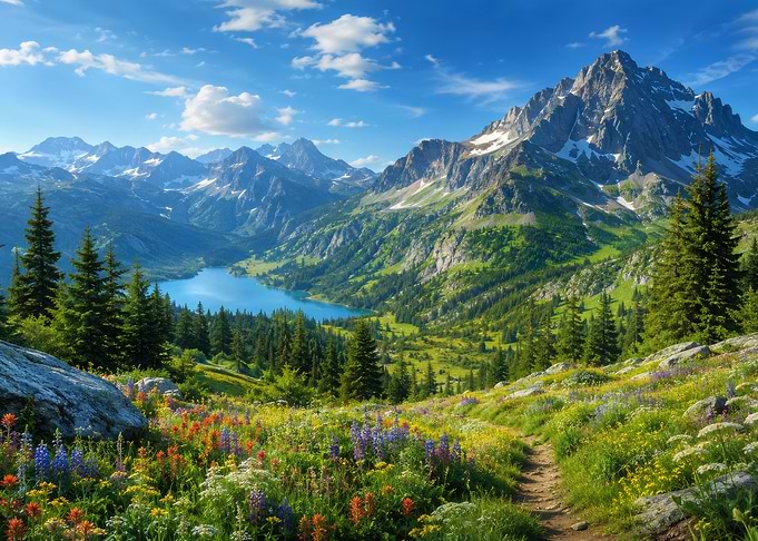 Alpine Meadow and Mountain Lake