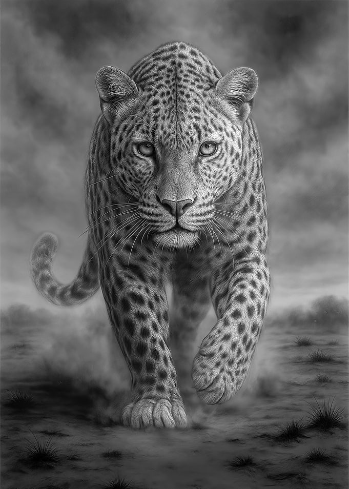 Stalking Leopard Black and White Art
