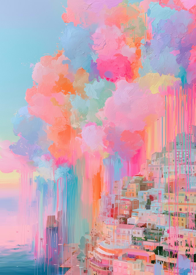Pastel Dreamscape Coastal Cityscape Painting