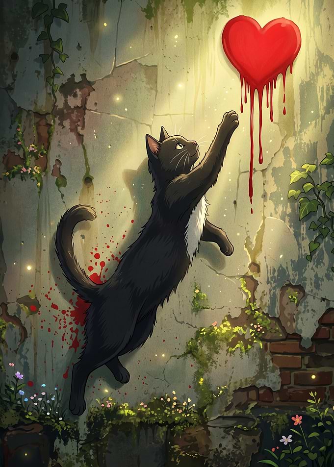 Black Cat Reaching for Red Heart