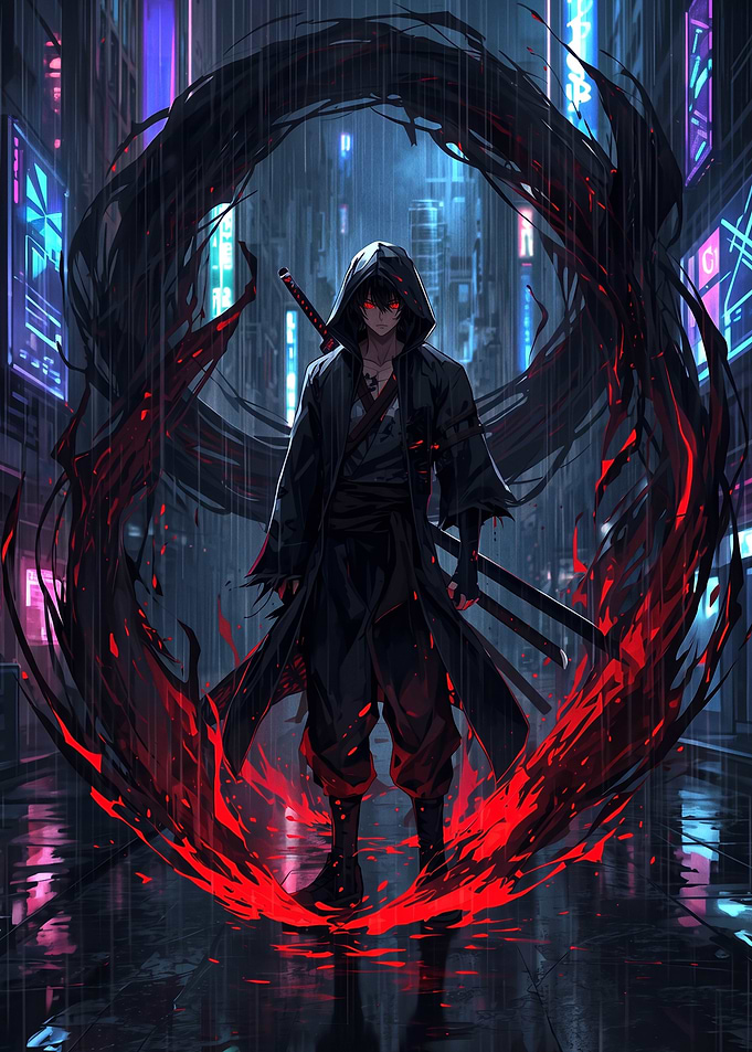 Cyberpunk Anime Warrior with Red Aura