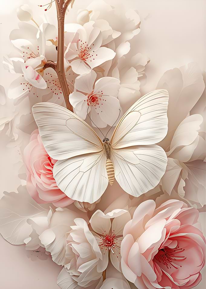 Elegant White Butterfly Among Soft Flowers