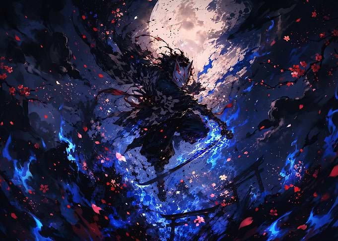 Masked Samurai Under Full Moon