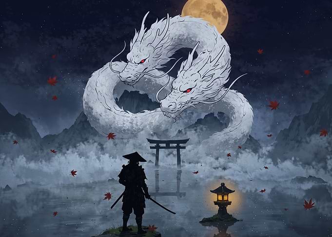 Samurai Facing a Celestial Dragon